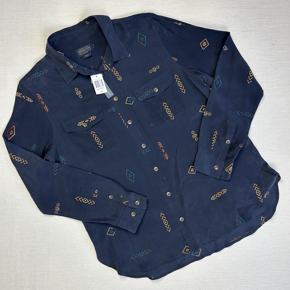 Pendleton Silk Blouse Shirt Button Up 2-Pocket Long Sleeve Women M Blue